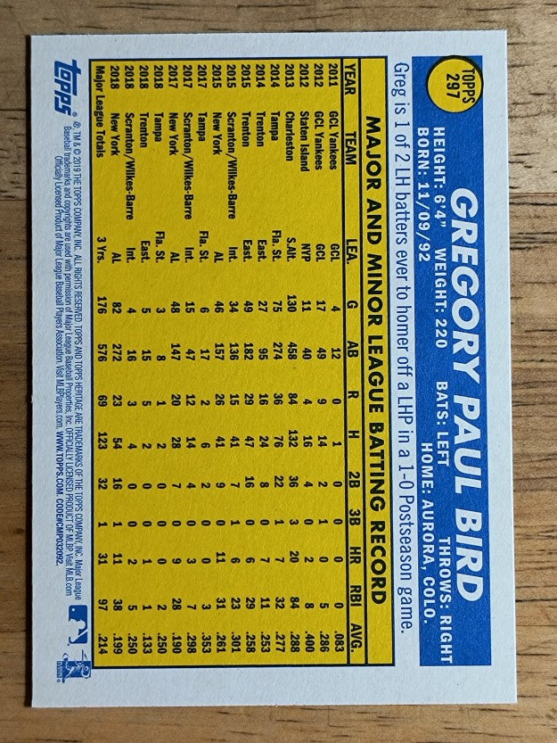 2019 Topps Heritage #297 Greg Bird