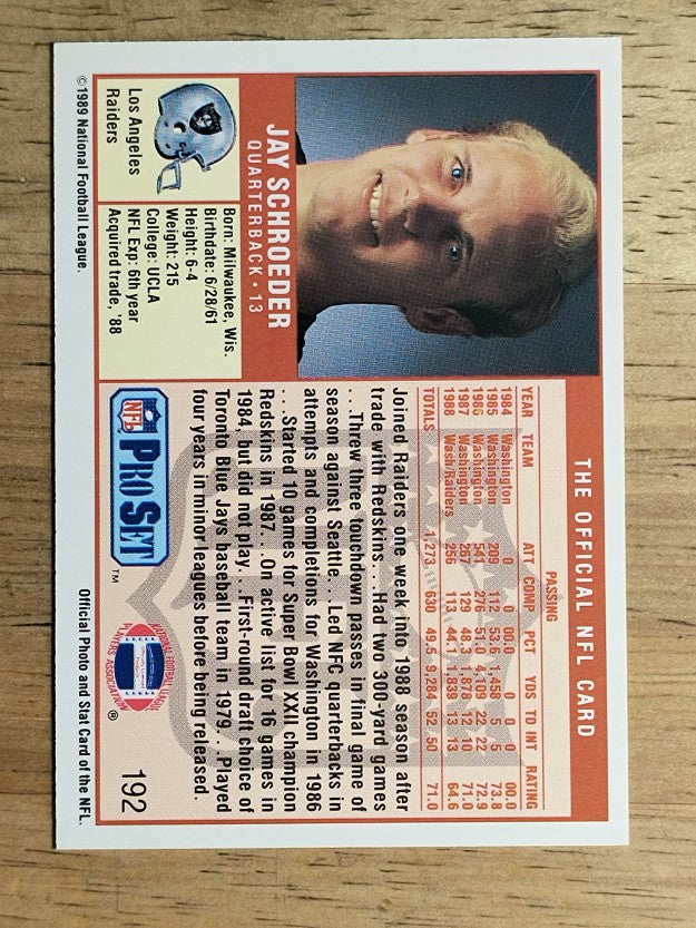 1989 Pro Set #192 Jay Schroeder