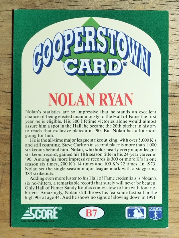 1991 Score Cooperstown #B7 Nolan Ryan
