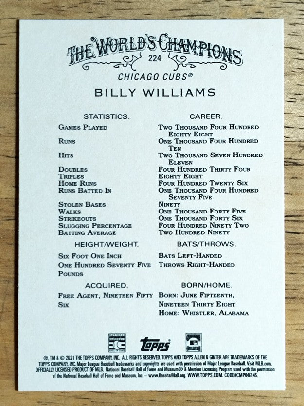 2021 Topps Allen and Ginter #224 Billy Williams