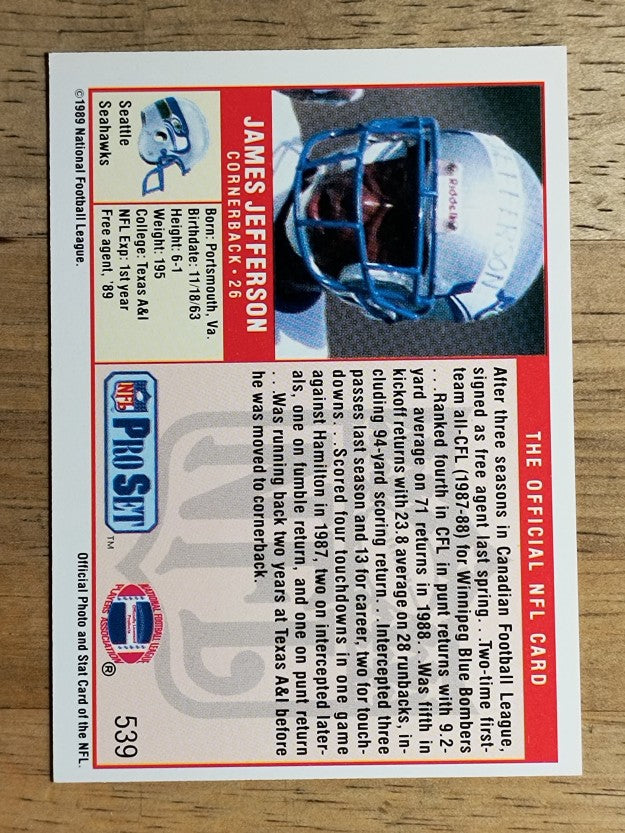 1989 Pro Set #539B James Jefferson RC COR/Prospect banner on card front