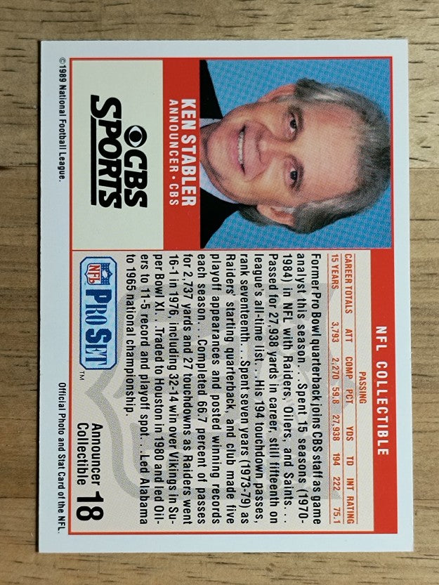 1989 Pro Set Announcers #18 Ken Stabler