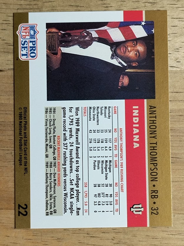 1990 Pro Set #22B Anthony Thompson RC/Maxwell Award Drafted stripe on card front