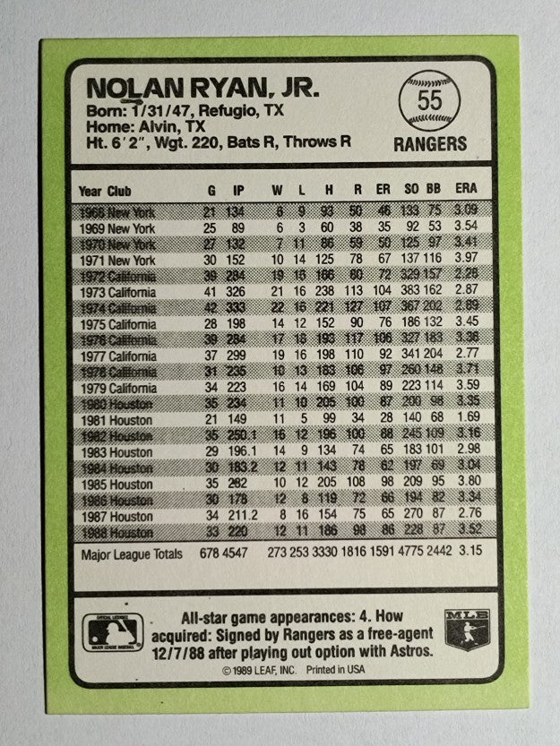 1989 Donruss Baseball's Best #55 Nolan Ryan