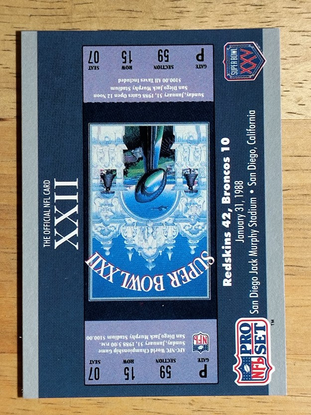 1990-91 Pro Set Super Bowl 160 #22 SB XXII Ticket