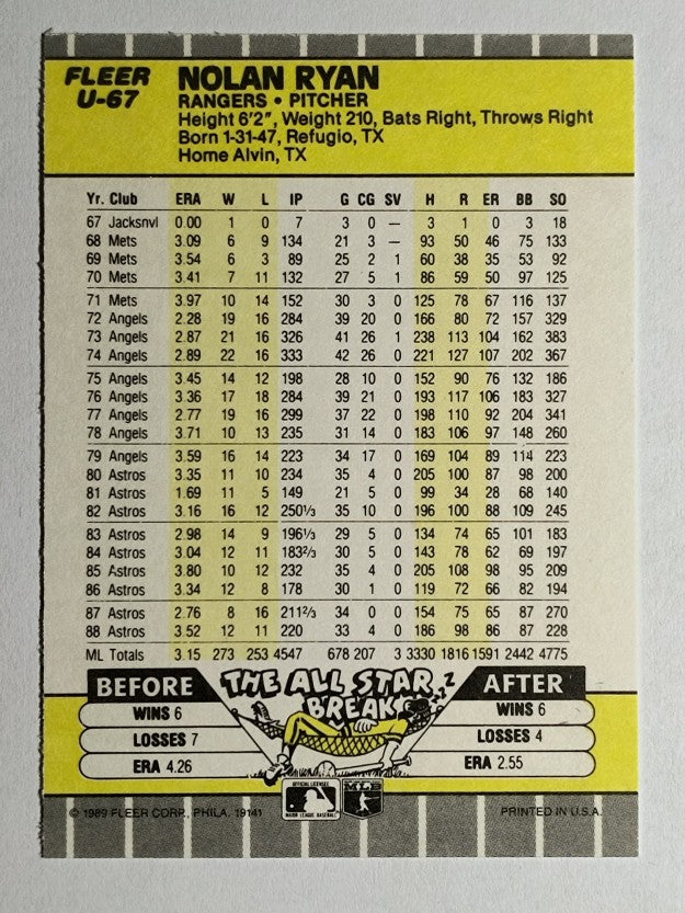 1989 Fleer Update #67 Nolan Ryan