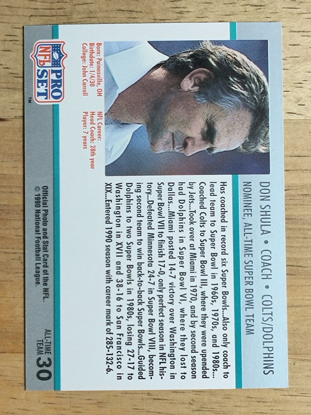 1990-91 Pro Set Super Bowl 160 #30 Don Shula CO