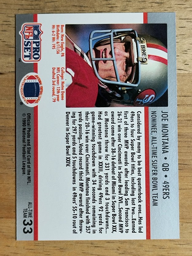 1990-91 Pro Set Super Bowl 160 #33 Joe Montana