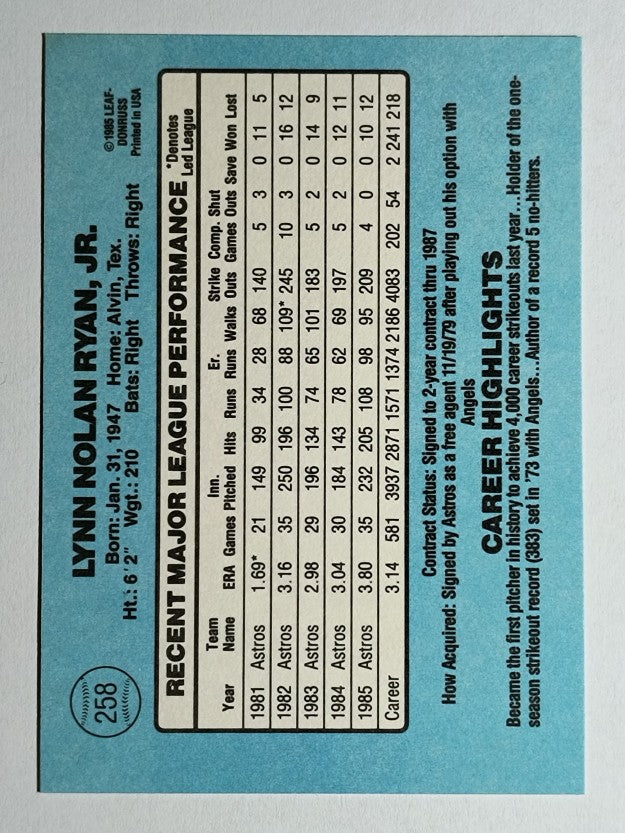 1986 Donruss #258 Nolan Ryan