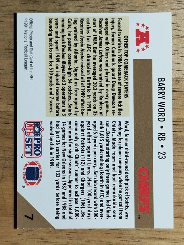 1991 Pro Set #7 Barry Word/NFL Comeback Player/of the Year