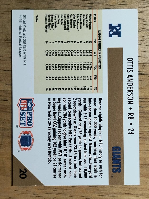 1991 Pro Set #20 Ottis Anderson ML/10000 Career Rushing Yards