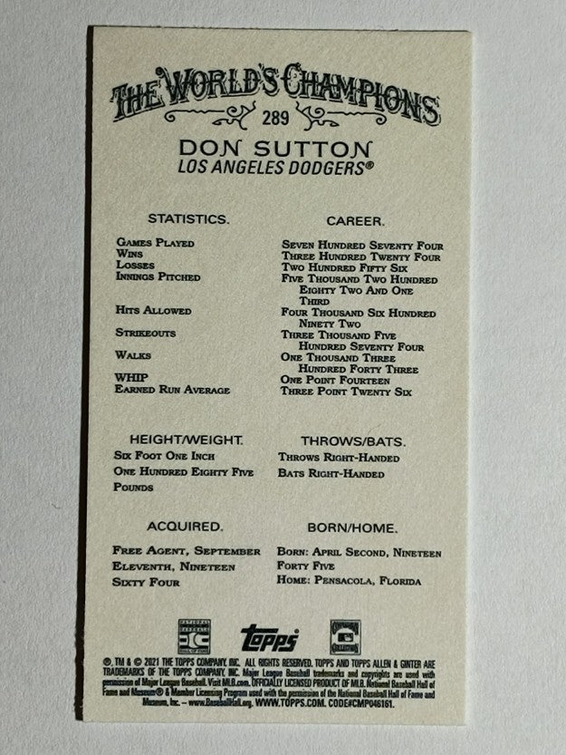 2021 Topps Allen and Ginter Mini #289 Don Sutton