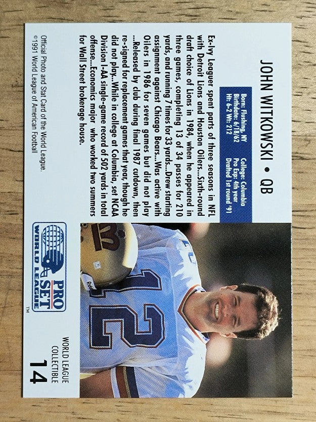 1991 Pro Set WLAF Inserts #14 John Witkowski