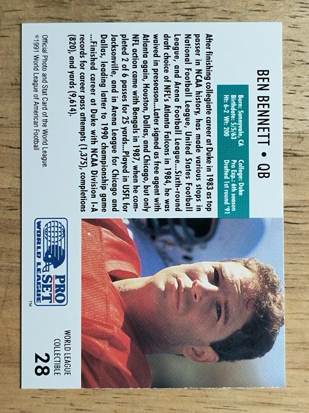 1991 Pro Set WLAF Inserts #28 Ben Bennett