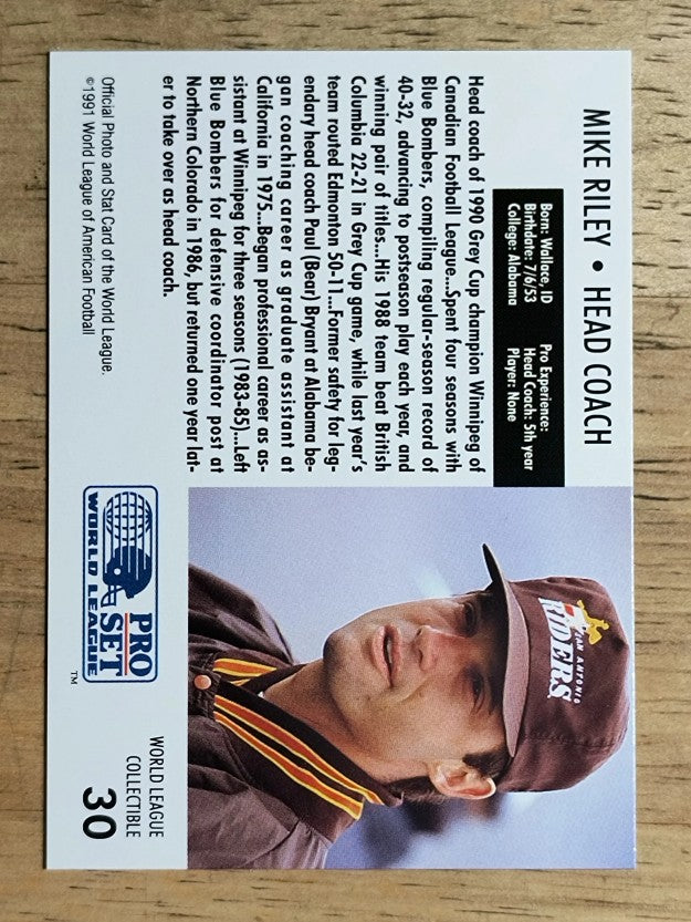 1991 Pro Set WLAF Inserts #30 Mike Riley CO