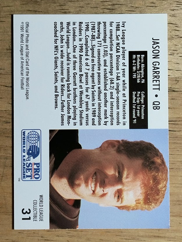1991 Pro Set WLAF Inserts #31 Jason Garrett (NM)