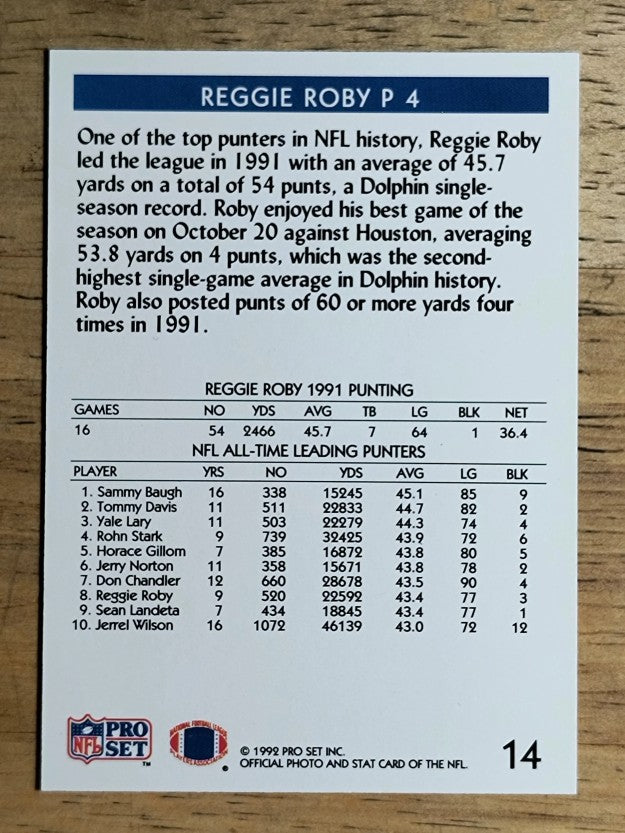 1992 Pro Set #14 Reggie Roby LL/Punting Leader
