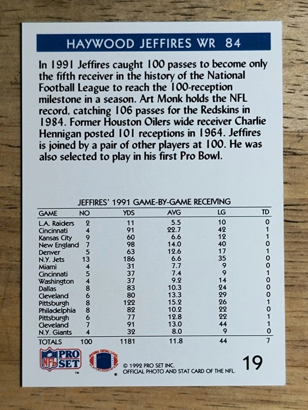 1992 Pro Set #19 Haywood Jeffires MILE/100 Receptions