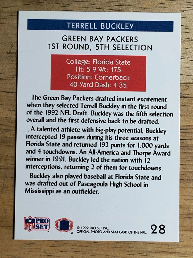 1992 Pro Set #28 Terrell Buckley RC