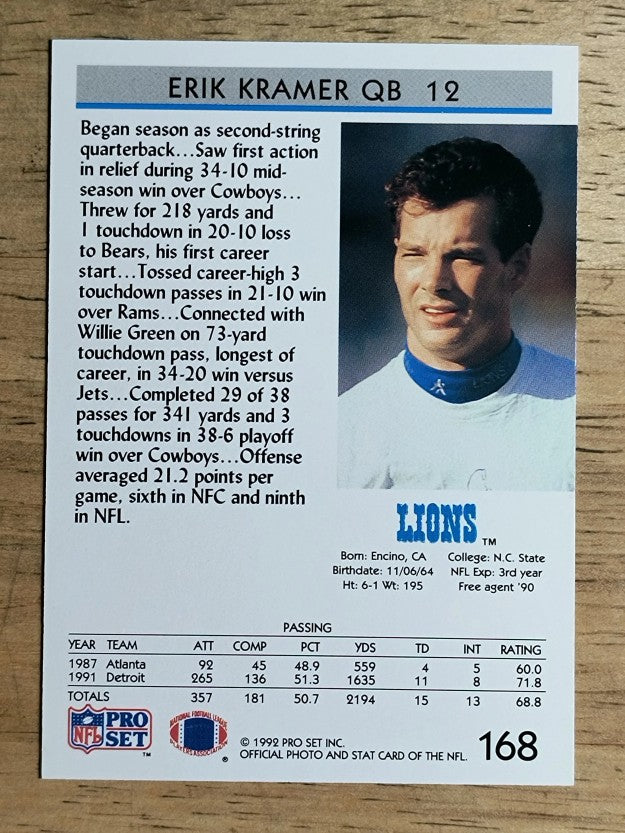 1992 Pro Set #168 Erik Kramer