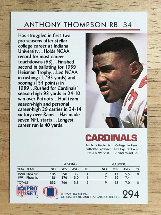 1992 Pro Set #294 Anthony Thompson