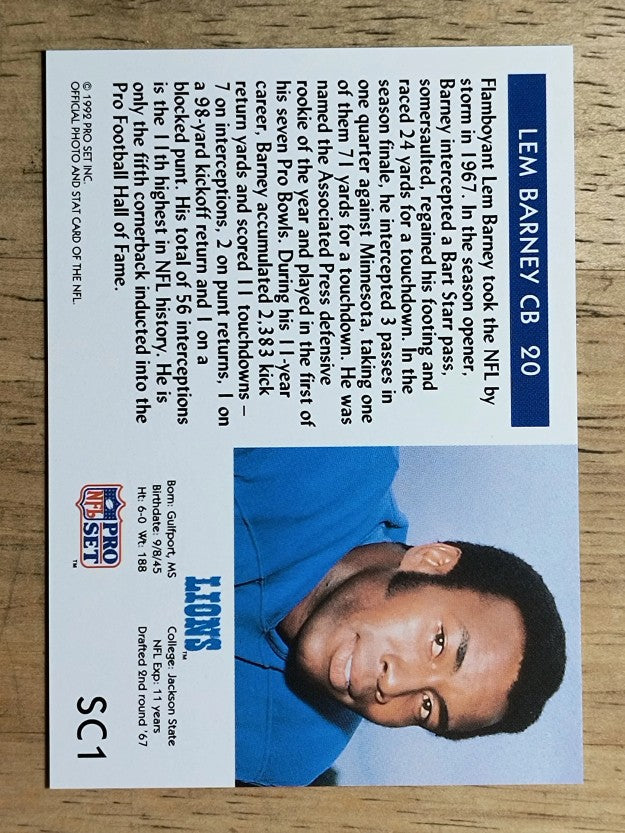 1992 Pro Set HOF Inductees #SC1 Lem Barney HOF