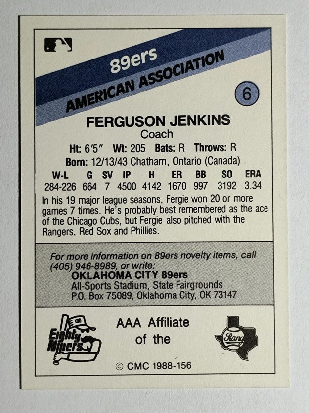1988 Oklahoma City 89ers CMC #6 Ferguson Jenkins