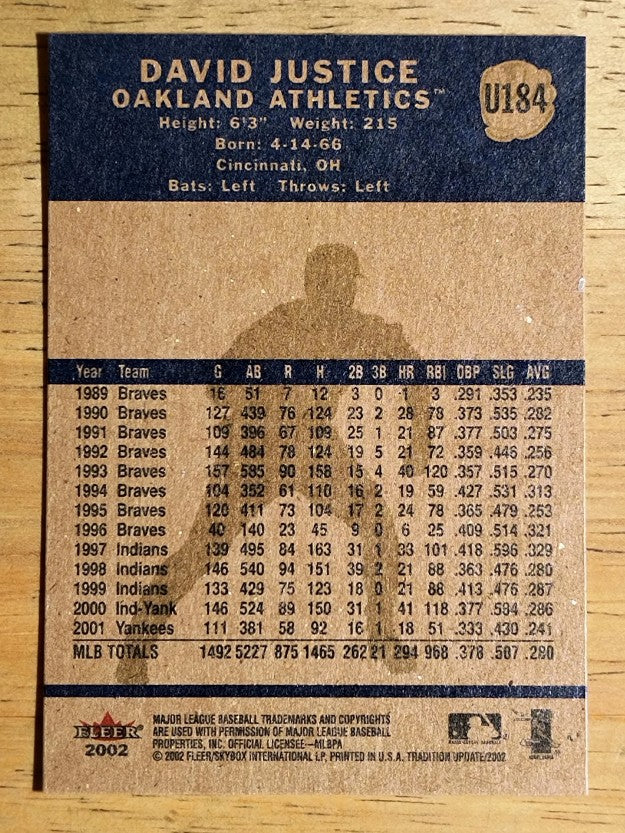 2002 Fleer Tradition Update #U184 David Justice