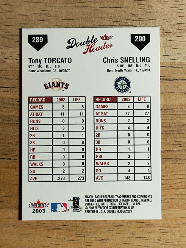 2003 Fleer Double Header #289-90 Tony Torcato/Chris Snelling OD