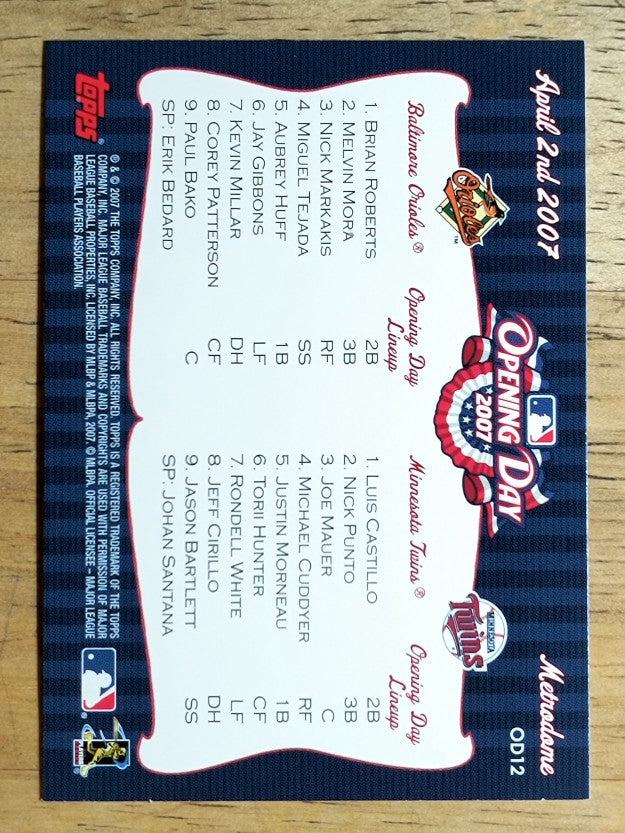 2007 Topps Opening Day Team vs. Team #OD12 Baltimore Orioles/Minnesota Twins