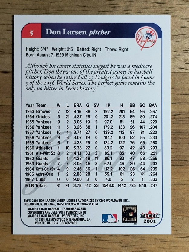 2001 Greats of the Game #5 Don Larsen