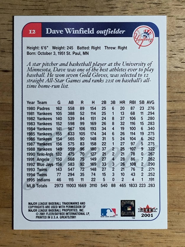 2001 Greats of the Game #12 Dave Winfield