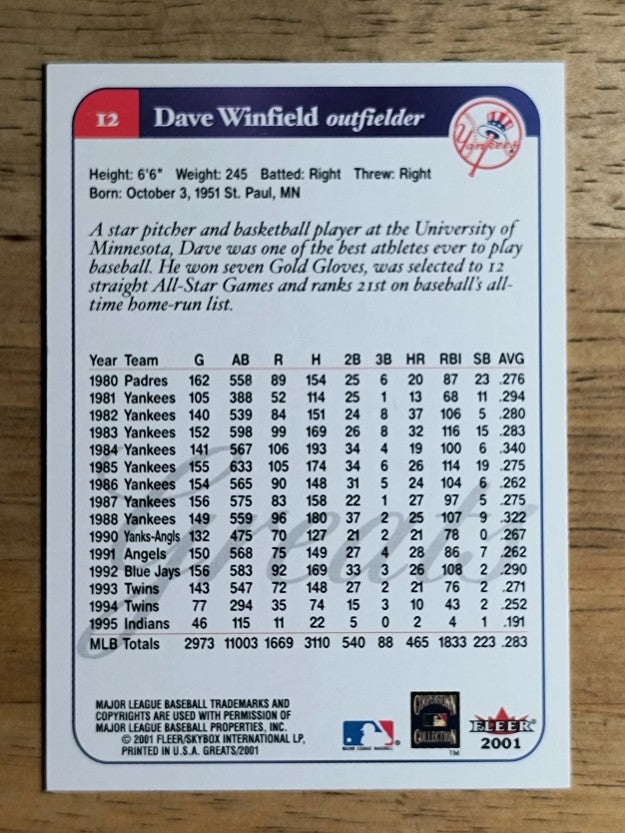 2001 Greats of the Game #12 Dave Winfield