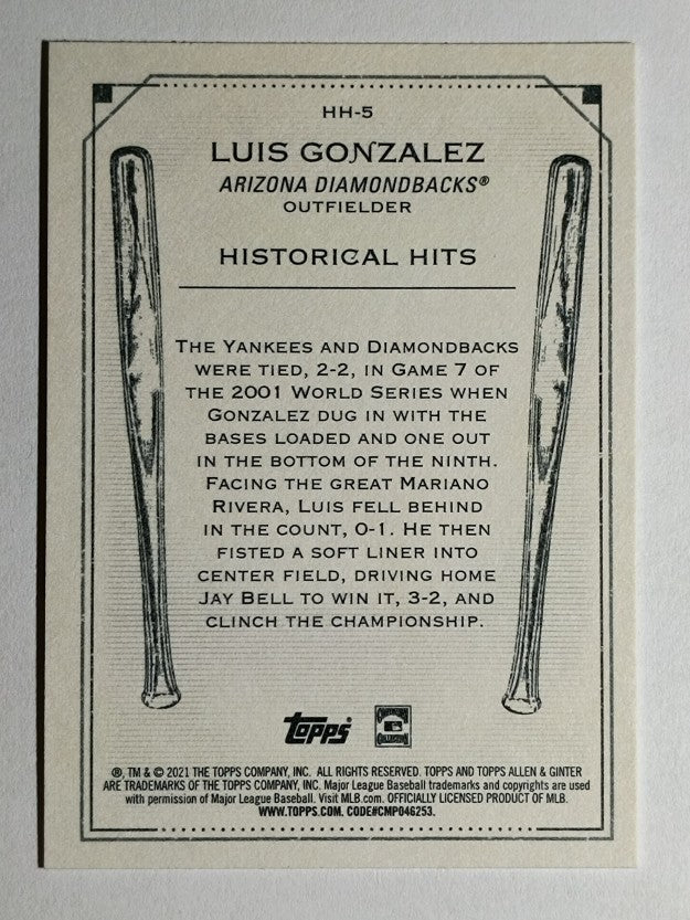 2021 Topps Allen and Ginter Historic Hits #HH5 Luis Gonzalez
