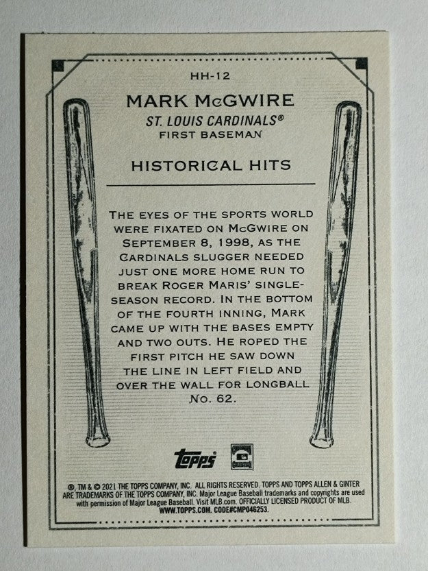 2021 Topps Allen and Ginter Historic Hits #HH12 Mark McGwire