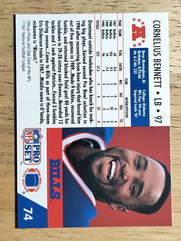 1991 Pro Set #74A Cornelius Bennett/NFLPA logo on back