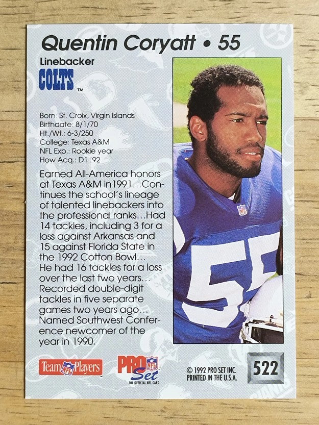 1992 Pro Set #522 Quentin Coryatt RC