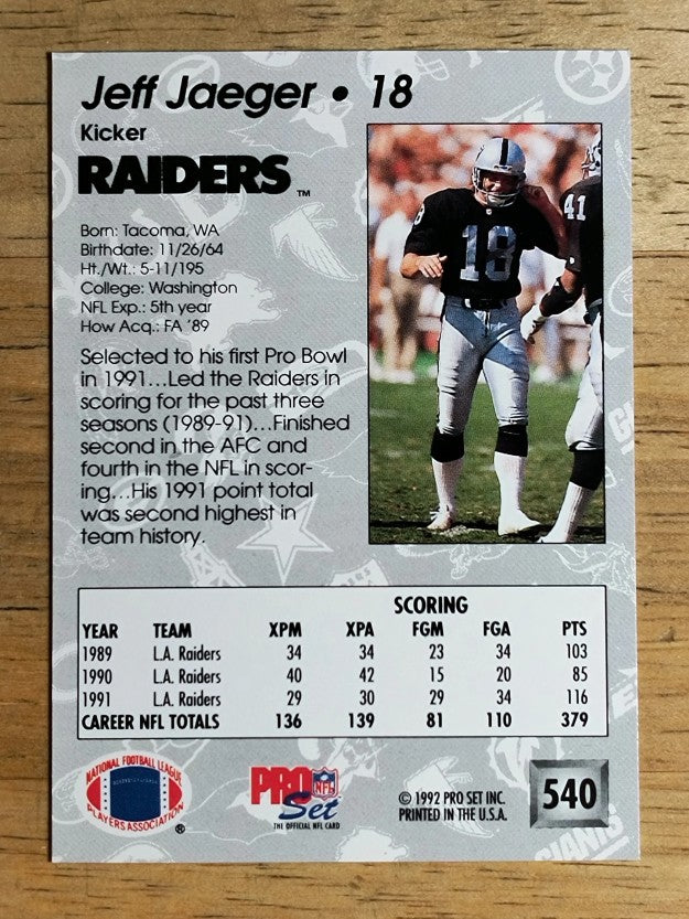 1992 Pro Set #540 Jeff Jaeger
