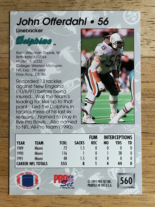 1992 Pro Set #560 John Offerdahl