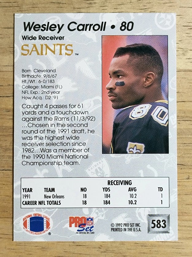 1992 Pro Set #583 Wesley Carroll