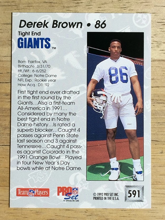 1992 Pro Set #591 Derek Brown TE RC