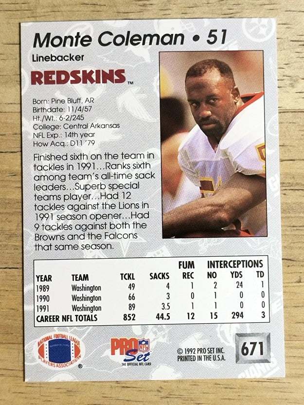 1992 Pro Set #671 Monte Coleman