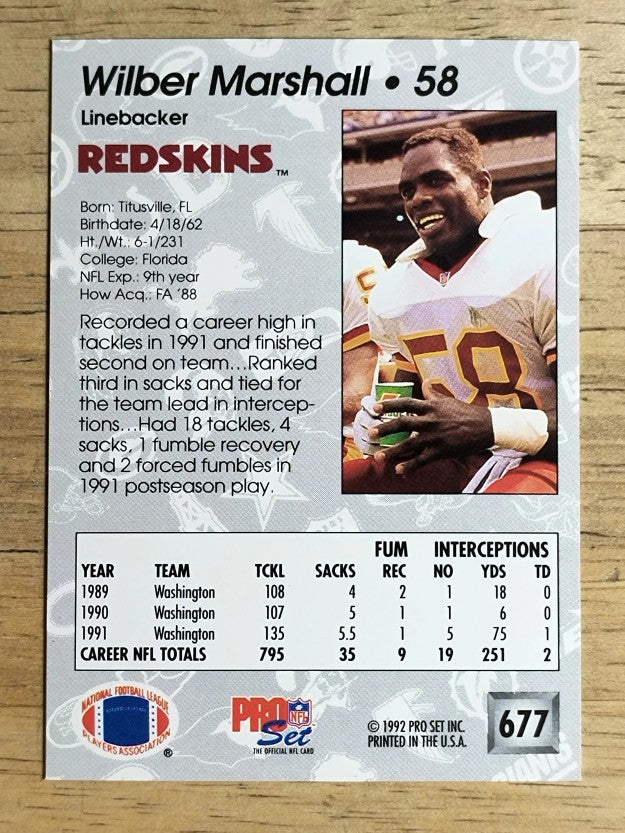 1992 Pro Set #677 Wilber Marshall