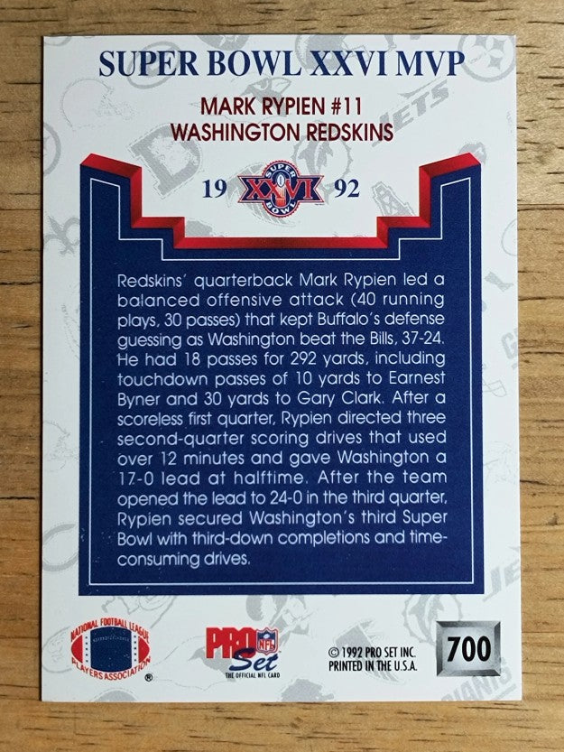 1992 Pro Set #700 Mark Rypien NEWS/Super Bowl XXVI MVP