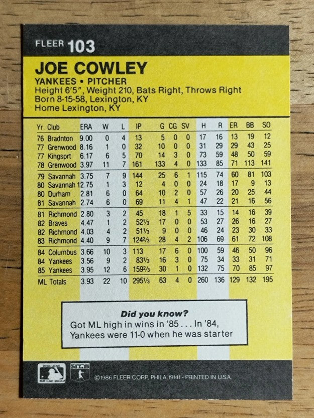 1986 Fleer #103 Joe Cowley