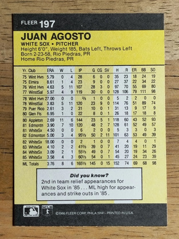 1986 Fleer #197 Juan Agosto