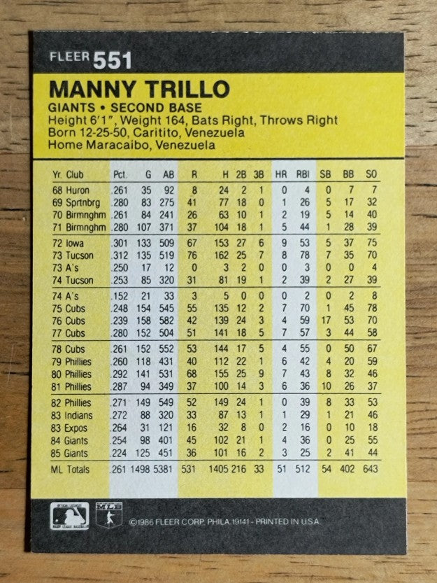 1986 Fleer #551 Manny Trillo