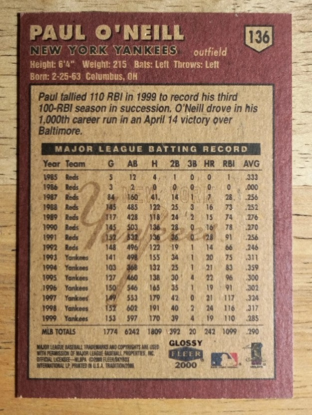 2000 Fleer Tradition Glossy #136 Paul O'Neill