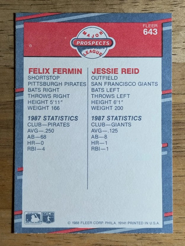 1988 Fleer #643 Felix Fermin/Jesse Reid RC