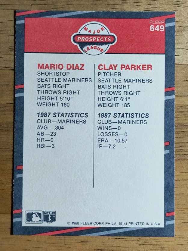 1988 Fleer #649 Mario Diaz/Clay Parker RC